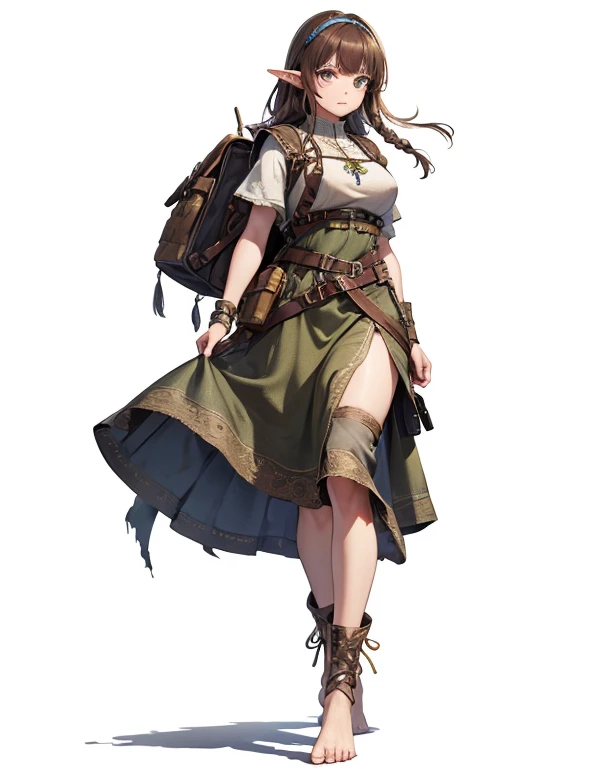 ((best quality))) (((HD))) (((8k))) (character) 20-year-old woman, serious, ((adventurous)), young halfling, freckles, elf, short stature and plump, large breasts, (wide hips:1.2), long pointy ears, dark brown hair, medium length and held back with a hair ...