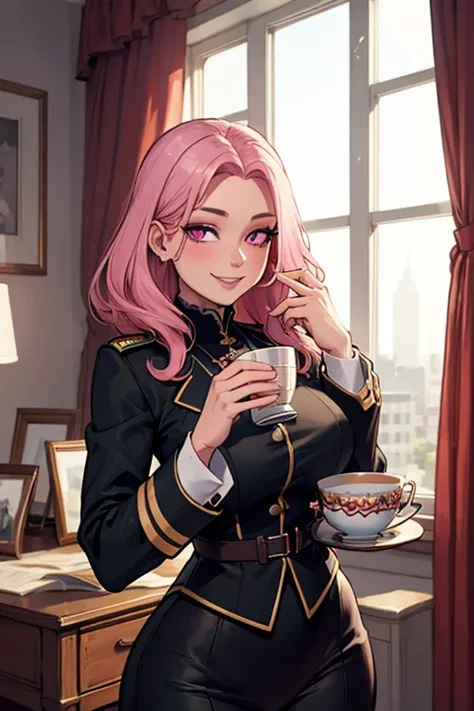 Perfect face. Perfect hands. A pink haired woman with violet eyes with an hourglass figure in an army uniform is sipping tea by an open window with a big smile in a Gothic office.