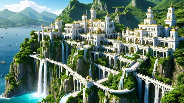 An castle style white and gilded city oh high towers and parapets, different sections are set on tiers of a mountain with ornate waterfalls and beautiful greenery, the mountain overlooks the ocean. Cables and lights string from level to level connecting wa...