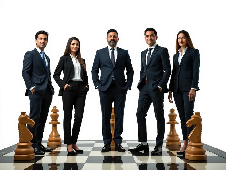 High-quality close-up photography of 5 Latino executives at the management level, men and women standing on a chess board, with the CEO. White background.