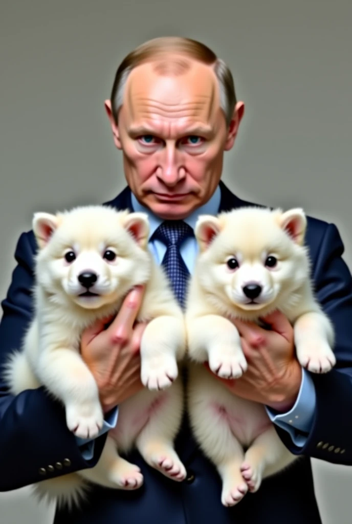 Putin is holding small white Havanese puppies