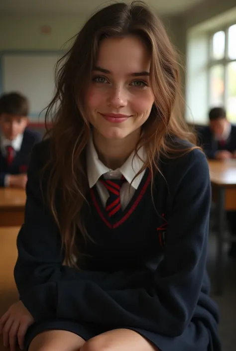 photorealistic, a  brunette smiling British 18yo girl who looks similar to Emma Watson, brown eyes, beautiful detailed eyes, beautiful detailed lips, extremely detailed face, long eyelashes, school uniform, leaning against a bench, showing legs, classroom ...