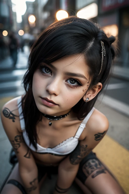  female, punk, bad ass,white bra, kneeling, looking up, mascara running down cheek