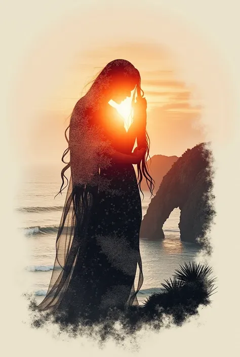 High quality, 8K Ultra HD, Beautiful double exposure combining the silhouette of a goddess and a sunset coast, The sunset coast should be the background, with its details merging into the goddess, Clear lines, Monochrome background, Sharp focus, Double exp...