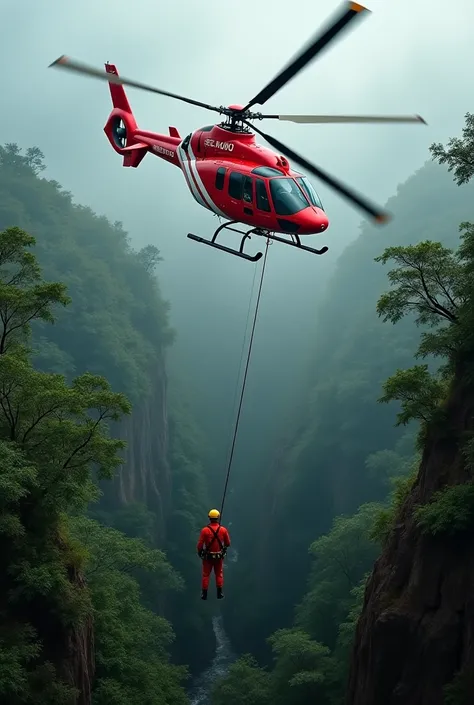 "A powerful rescue helicopter with red and white markings hovers above the dense jungle. Its rotor blades create a strong wind, rustling the treetops below. A long, sturdy rope dangles from the side, attached to a professional rescuer in a bright red unifo...