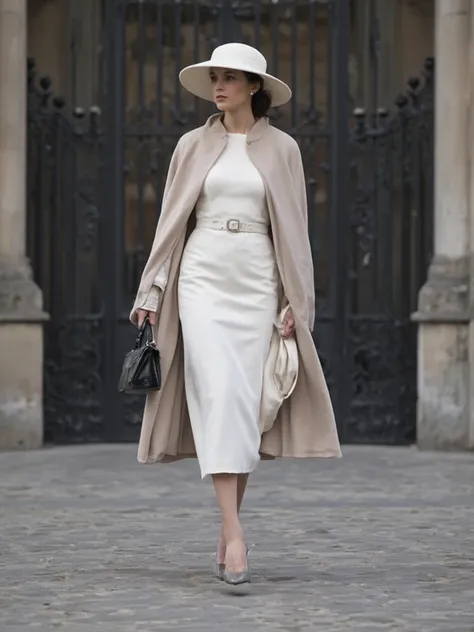 An elegant woman walks down a cobblestone street in front of a classic building with ornate iron doors. She is wearing a sophisticated ensemble consisting of a fitted white midi dress and a beige cape with a thin belt at the waist. Her face is partially sh...