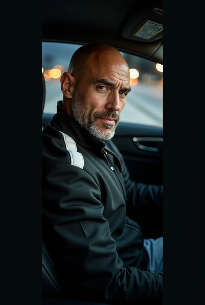 " A 50-year-old man sitting inside a car ,  with a shaved head and a two-day gray beard .  Her expression is warm and friendly , with a genuine smile as he looks into the camera .  Wears a black sports jacket with a white stripe on his shoulder.  The light...