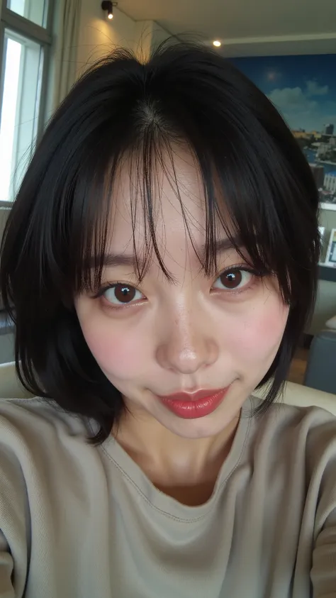 Textured Skin, 1girl , Selfie, City Busan(korean) , slitted eyes, detalhes smile, facial detail, Pita in the corner of the face fringe separated on the right side, black hair , details eyes , Iris , Short hair, smiling, smile, big face, sitting cha...