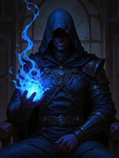 Hooded man. black hood. black cloak. face covered. sitting. Environment: a shady medieval room. anime. Fantasy. Dark energy in your hand and in your cloak. Sarcastic little smile