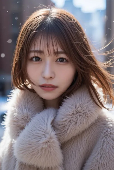 Indirect waves for medium to short hair、     the wind is blowing     、  SNOWS 、Fluttering Hair、    light brown hair、 Fluffy scarf、 Bloodshot eyes、Strong winds、 Background Blur、 illumination、