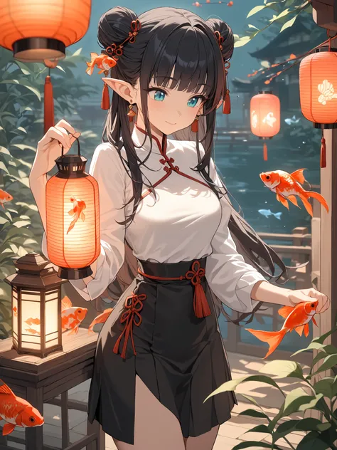 1girl, solo, long hair, blue eyes, black hair, aqua eyes, happy, closed mouth,medium breasts, hair bun, double bun, horns,blunt bangs, looking at object, looking at lantern, holding lantern,bend over, shirt, skirt, long sleeves, ribbon, jewelry, white shir...