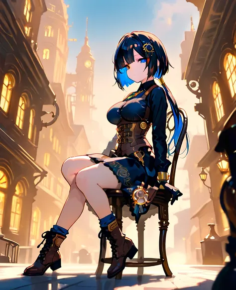 masterpiece, best quality, amazing quality, 1girl, very aesthetic, multicolored_hair, blue_two-tone_hair, blue_hair, black_hair, black_inner_hair, Low_Ponytail, bob_cut, half_cloesd_eyes, Heterochromia, black on right eye and blue on left eye, expressionle...