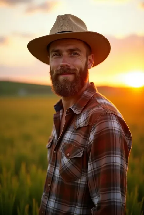 A young farmer with a well-groomed beard standing in a lush green field during the golden hour at sunset. He is close to the camera, with warm sunlight casting a natural glow on his face. He wears a casual plaid shirt and a straw hat, embodying the hardwor...