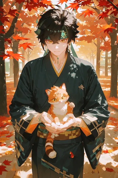 (ciloranko), reoen, sho \(sho lwlw\), ningen name, eonsang, nyantcha, ask \(askzy\), nyalia, 1boy, male focus, kinich /(genshin impact/), black hair, yellow eyes, headband, intricate male kimono, red autumn leaves, maple trees, masterpiece, best quality, a...