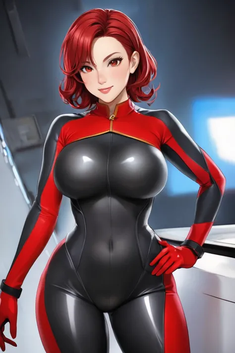 I want to create a girl in a hot bodysuit and gloves in red tones her age is 25 her 38DD bust measurements, 30% waist and 42 %  buttocks and legs are the same ,  like buttocks , and hair is grey