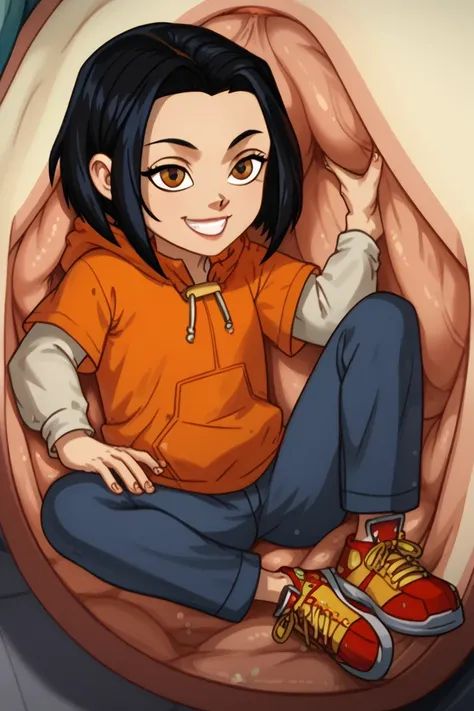 jadechan, 1girl, black hair, brown eyes, solo, short hair, long sleeves, orange hoodie, hood, smile, pants, score_9, score_8_up, score_7_up, score_6_up, score_5_up, score_4_up, sneakers, full body,
inside a stomach, stomach interior, vore,