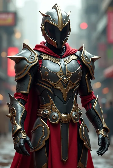 "Create a hyper-realistic digital image of a futuristic warrior clad in intricate metallic armor with red and gold accents, posed dynamically in a heroic stance. Render the scene in stunning 4K resolution with dramatic lighting and cinematic effects, featu...