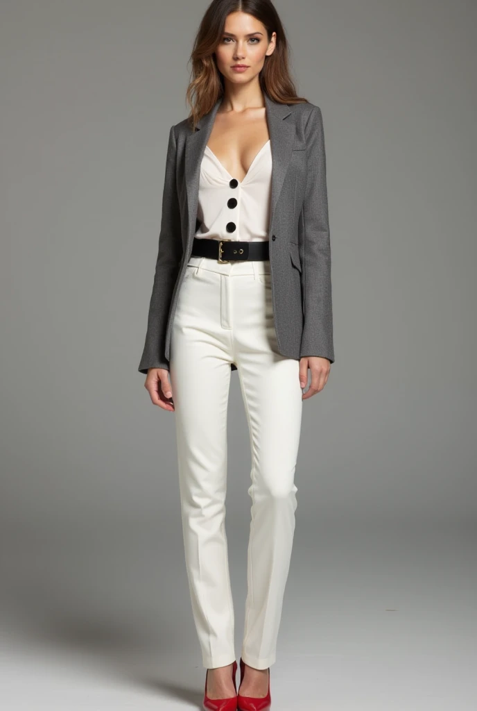 Then I dress up with a set of tight white silk fabric pants ,  that comes with the upper V-neck with straps with the same fabric as the pants and four black buttons and a black belt in the center,  red high heels, with a gray blazer jacket 
