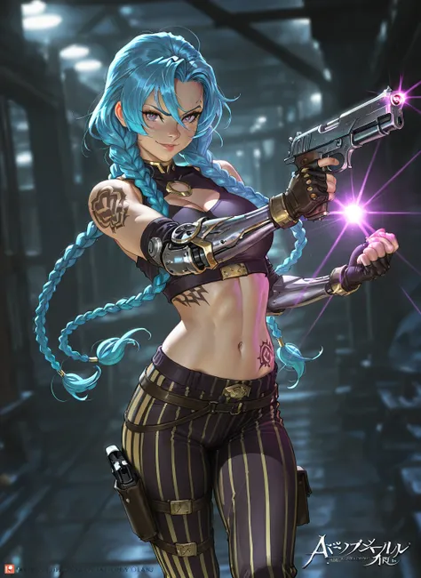 1girl, braid, long_hair, striped_pants, tattoo, fingerless_gloves, solo, weapon, gloves, blue_hair, very_long_hair, navel, crop_top, striped_clothes, looking_at_viewer, pants, gun, twin_braids, breasts, a close up of a woman with blue hair, character splas...