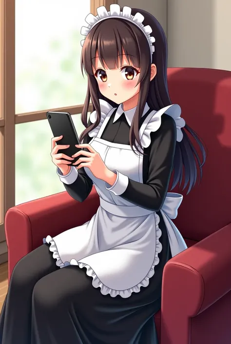 anime girl sitting in a chair holding a cell phone, anime girl in a maid costume, anime moe artstyle, anime style 4 k, cute anime waifu in a nice dress, loli in dress, splash art anime loli, anime art wallpaper 8 k, anime girl wearing a black dress, anime ...