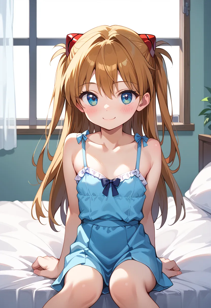 (( top quality)), (( Masterpiece)), (be familiar with),  perfect face,  indoor, bedroom,  watching viewers,
One woman,  Soryu Asuka Langley,
開いた口,  ecstatic expression, blush, smile,
 small tits,  flat chested, Young girl,  lori,  s,  girl,
 long hair,  tw...