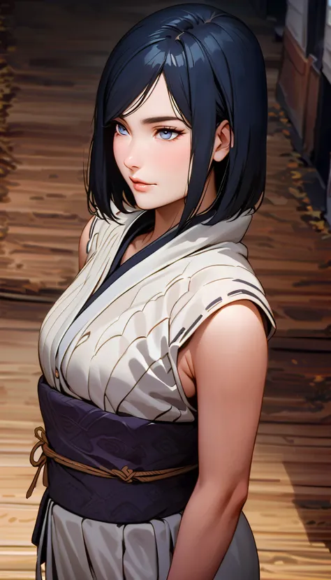 vintage movie, girl, short hair, navy hair, straight hair, woman body, dutch angle, hyuga clan, shinobi village, konohagakure, ((closed mouth)), smilling, ((perfect eyes)), ((solo)), ((perfect lips))