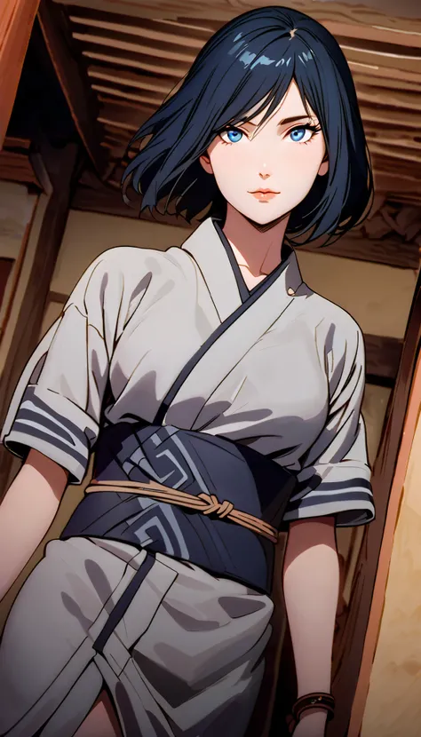 vintage movie, girl, short hair, navy hair, straight hair, woman body, dutch angle, hyuga clan, shinobi village, konohagakure, ((closed mouth)), smilling, ((perfect eyes)), ((solo)), ((perfect lips))