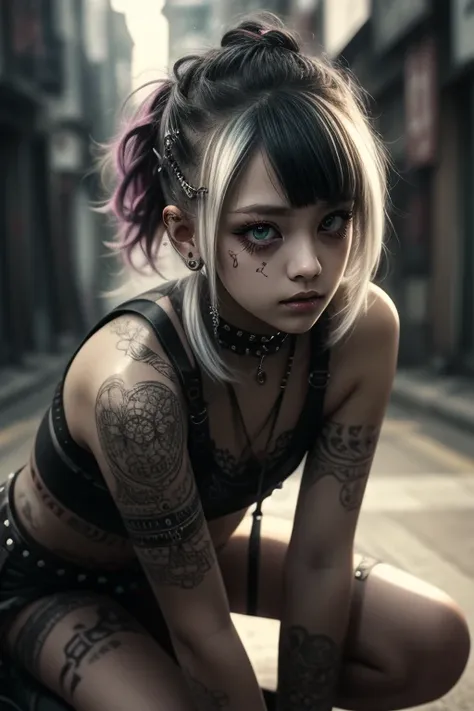  female, punk, bad ass,white bra, kneeling, looking up at viewer, mascara running down cheek