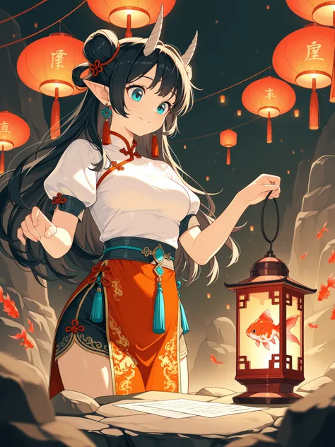  1 girl, Alone,  long hair,  blue eyes,  black hair , aqua eyes,  jumping happy,  closed mouth, medium breasts , Hair knot,  double bun , Horns,blunt pony, looking at object, looking at  Lantern, holding  Lantern,Bend over, Shirt, Rock, long-sleeved, Band,...