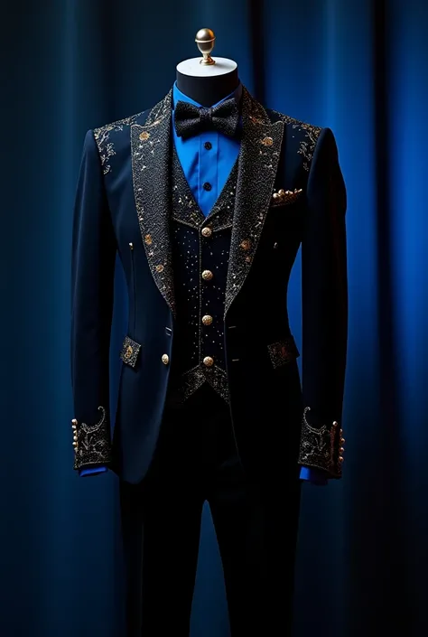  A men's couture tuxedo inspired by the universe ,  with a subtle color gradient that goes from black to deep blue , Similar to a starry sky.  The velvet lapel is embroidered by hand with constellations in gold metallic threads .  The buttons are made of t...