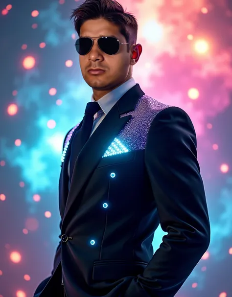 Hyper realistic fullbody a 30 yeard man  in standing pose of james bond  , wearing a bioluminescent  jacket with glowing accents made from lab-grown diamonds,   background universe full light and bright colors art, masterpiece focus clearly best faces, sup...