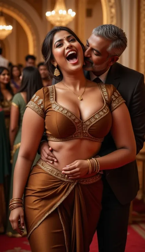 Full body image, top view Full body image, indian hourglass body, Indian medium plus sized 25 year old Telugu bride syamala, lovely face, mouth wide open, partially closed eyes, large swooping , wearing highly embroideried meroon colour reflective deep nec...