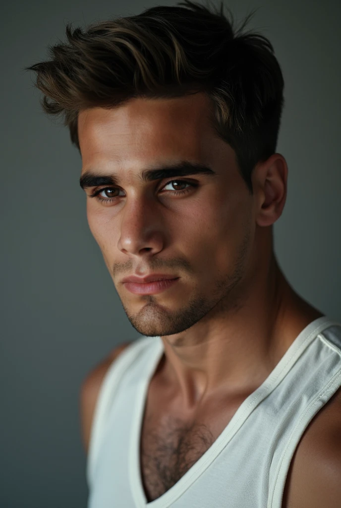 Man in white sleeveless vest half hair image close up looking in front gray background photo shoot 