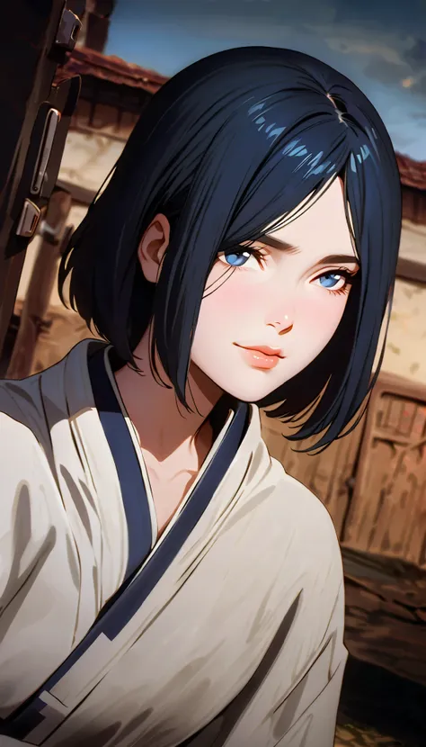 vintage movie, girl, short hair, navy hair, straight hair, woman body, dutch angle, hyuga clan, shinobi village, konohagakure, ((closed mouth)), smilling, ((perfect eyes)), ((solo)), ((perfect lips))