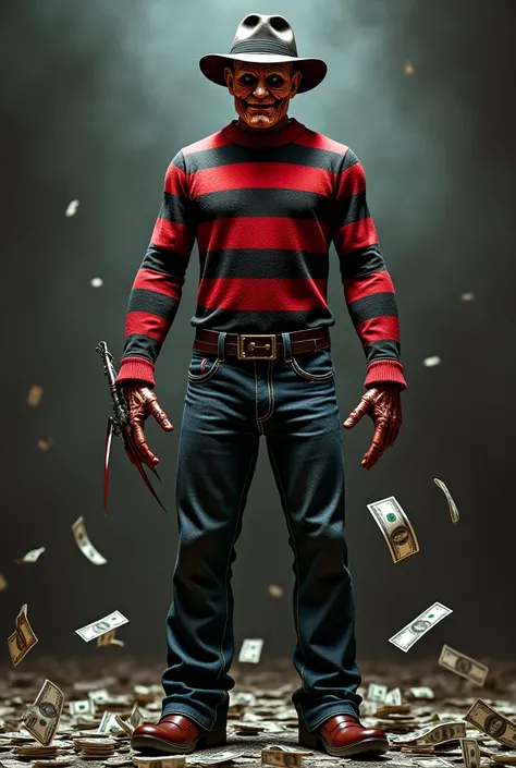 Portray art Freddy Krueger surrounded by money, and replace his jeans with a design similar to true religion, but without explicit brand references. Just one glove with blades instead of fingers.