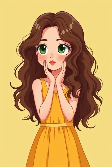 Cute young woman with long, curly hair, green eyes hand-drawn style, cartoon character illustration style, solid color background, yellow dress, hands under chin, thinking about something, cute facial expression –ar 3:4 –v 6.1