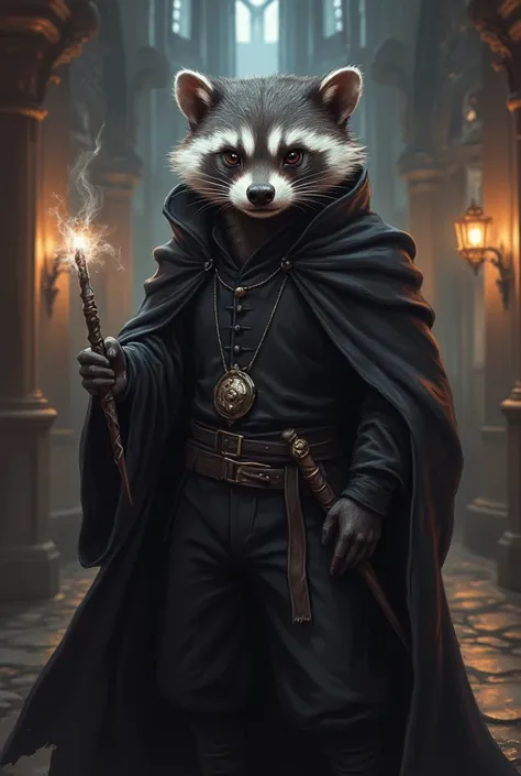 racoon dressed like severus snape from harry potter,  masterpiece,  best quality, Super Detail,an epic,4K,mystical castle,  holds a magic wand , In fantasy art style ,  cinematic light ,((medium-length oily black hair :1.4)),  studio lighting ,  8k resolut...