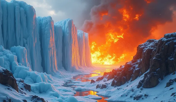  Ice and Fire Collision
"A dramatic clash of icy blue and fiery orange textures, blending like frozen glaciers melting into lava, with a high-contrast, painterly, and energetic effect."