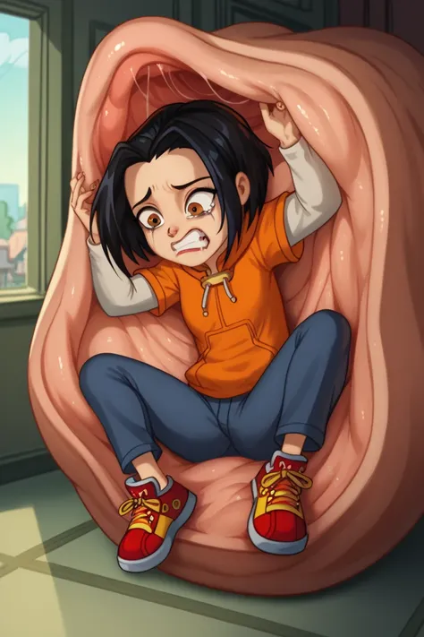 jadechan, 1girl, black hair, brown eyes, solo, short hair, long sleeves, orange hoodie, hood, pants, score_9, score_8_up, score_7_up, score_6_up, score_5_up, score_4_up, sneakers, full body,
inside a stomach, stomach interior, vore,
scared face,