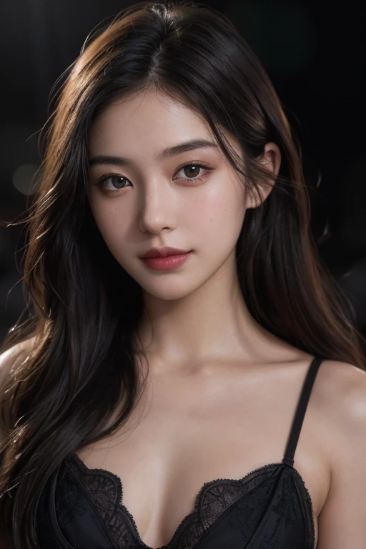 highest quality, epic realistic, ((in the pitch black darkness :1.4)), ((portrait:1.5)),(background: dark ) high contrast ,glorious picture, lowest lux, lighting face, she's comfortable, wearing lingerie, looks incredible, (8k, Raw photo, Highest quality),...