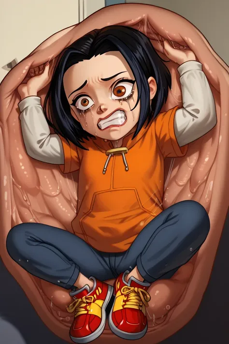 jadechan, 1girl, black hair, brown eyes, solo, short hair, long sleeves, orange hoodie, hood, pants, score_9, score_8_up, score_7_up, score_6_up, score_5_up, score_4_up, sneakers, full body,
inside a stomach, stomach interior, vore,
scared face,