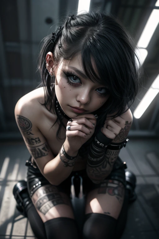  female, punk, bad ass, topless, kneeling, looking up at viewer, mascara running down cheek