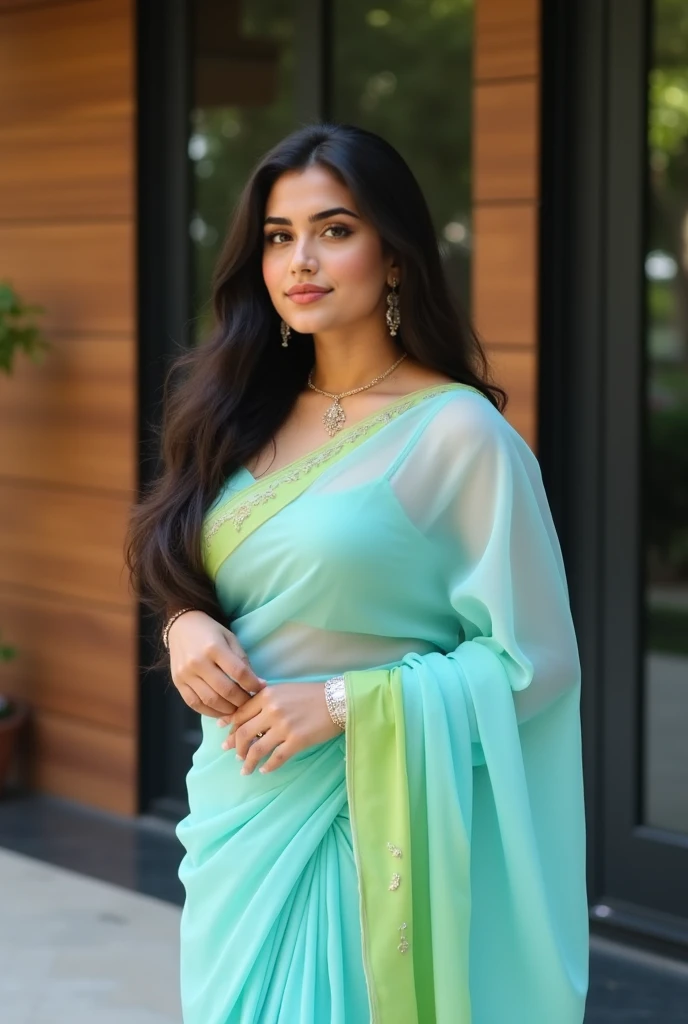 A young thick woman with long, dark hair wearing a beautiful light blue and green saree, she having 50 boobs size, standing in an elegant outdoor setting with a modern wooden and black panel background. She has a soft expression, with delicate earrings and...