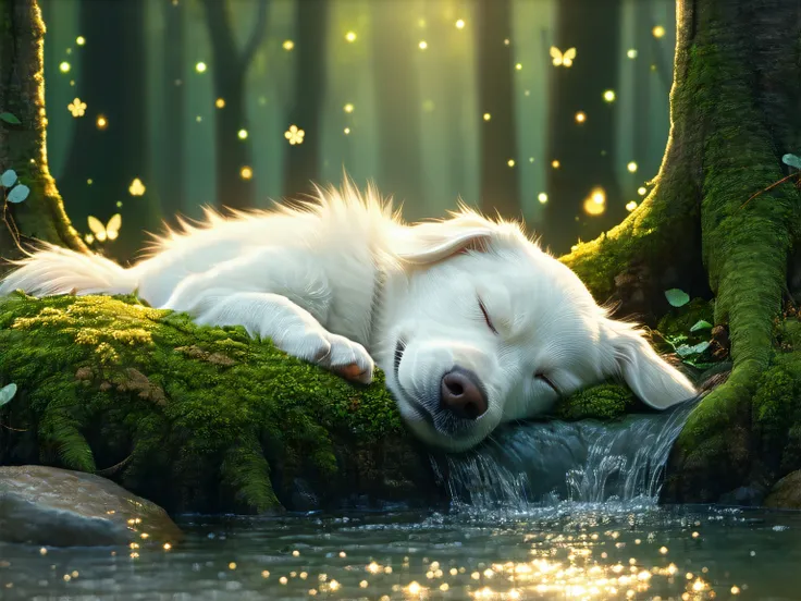 The dog is sleeping happily in a dreamy forest where anyone can feel like it's not in this world. A small stream flows next to it, and shiny things like fireflies fly beautifully in the air. It's a forest where everyone wants to lie down and sleep with tha...