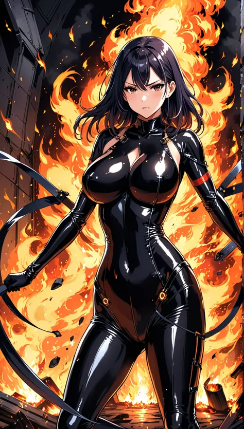 Busty girl in super tight latex suit, warrior, struggling. Background: nave nodriza, Fire, shots