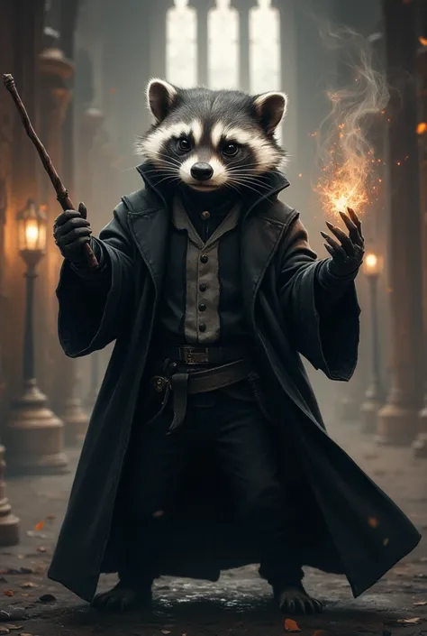 racoon dressed like severus snape from harry potter,  masterpiece,  best quality, Super Detail,an epic,4K,mystical castle,  holds a magic wand , In fantasy art style ,  cinematic light ,((medium-length oily black hair :1.4)),  studio lighting ,  8k resolut...