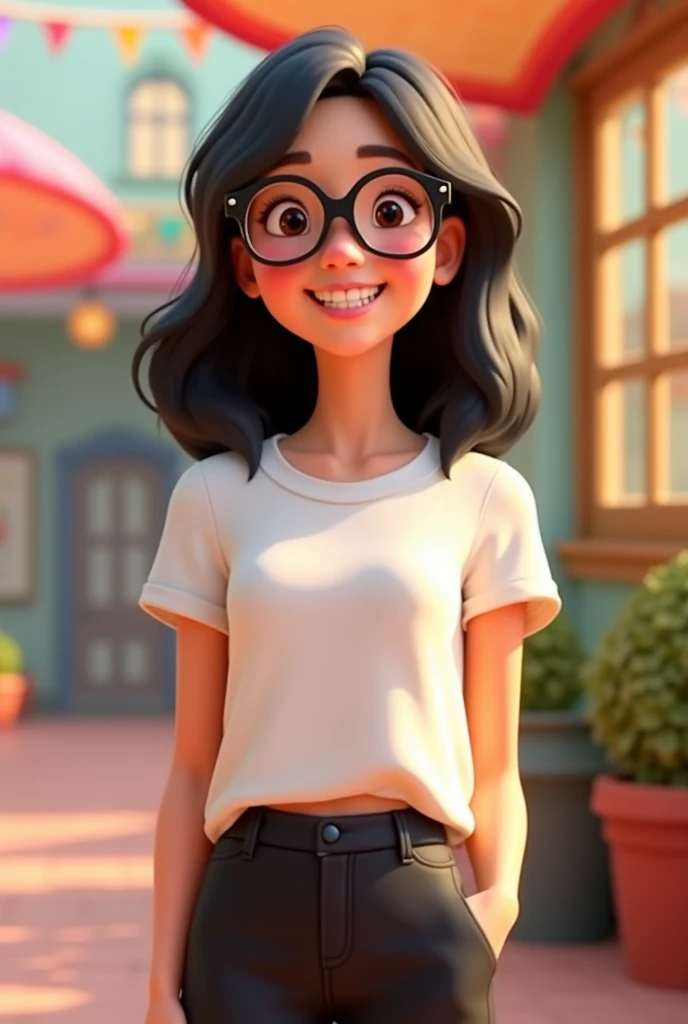  create a Disney Pixar style animation 3d . The character is a woman,  Clear skin, Brown eyes, medium and black hair .  wearing a white t-shirt and black pants.   Using pull-style glasses .  smiling