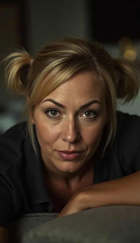 Photo, sharp detail, realistic detail, bokeh. Closeup, moody lighting. Dramatic low angle at subject leaning forward to look at the viewer. A beautiful chubby caucasian woman, smile lines, wrinkles, 52 years old, short blonde hair, pigtails, large dark eye...