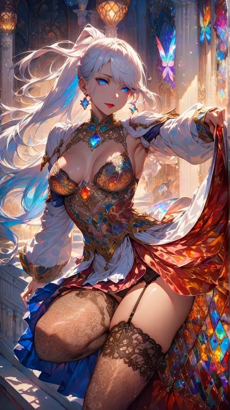 ((Highest quality)),(masterpiece), 8k,Very detailed, Detailed light, Best Shadow,Detailed face, Detailed reflective eyes, Beautiful Eyes, Very Detailed face,shiny hair, medium Breasts,Very tall,Medium gloss,Solo,Tall woman,White Hair, Blue eyes,Red lips, F...