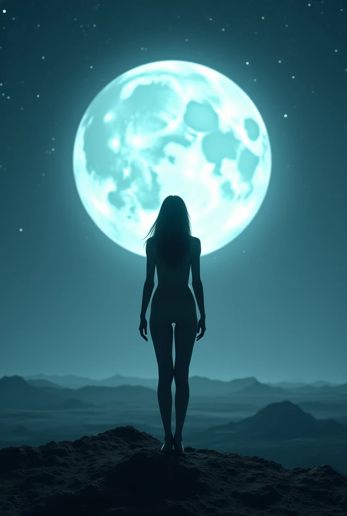 picture showing a woman standing in front of a full moon, surrealist picture, picture taken with a pro-sinon camera, surrealism, wearing nothing, on a distant planet, trending on Wikiaart, going away